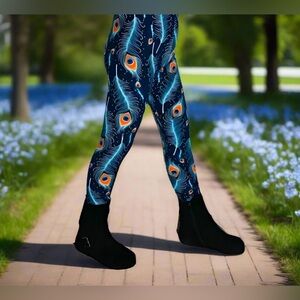 Small NEW Girls Peacock Printed Leggings, Kids Soft Yoga Pant